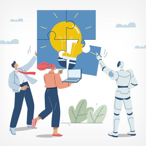 2 people working together to solve a puzzle with the assistance of an android robot.