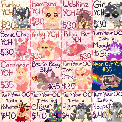 a large 4 x4 ad for open commissions

featuring, furby, hamtaro, webkinz, gir invader zim, sonic the hedgehog chao, kirby, pillow pets, final fantasy moogles, care bears, beanie babys, lilo and stitch, nyan cat, pokemon, clowns, digimon, and neopets