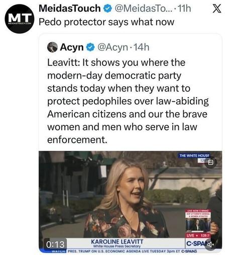 Screenshot of a post on X by MeidasTouch (@MeidasTo…) reading “Pedo protector says what now,” quoting a post from Acyn (@Acyn). The quoted text attributes remarks to Karoline Leavitt claiming Democrats “want to protect pedophiles over law-abiding American citizens” and praising “the brave women and men who serve in law enforcement.” Below is a video still of Karoline Leavitt speaking outdoors at the White House with C-SPAN graphics, a “cc” icon, and a 0:13 timestamp.