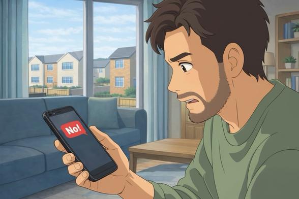 Man looking at a no message on a mobile phone looking frustrated