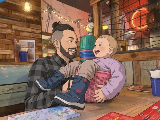 Smiling father sitting at a restaurant table with a laughing toddler in a basket