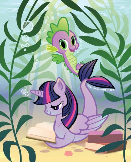 Colorful vector illustration of Twilight Sparkle as a mermaid and Spike as a "sea dragon." Both characters are surrounded by kelp fronds.