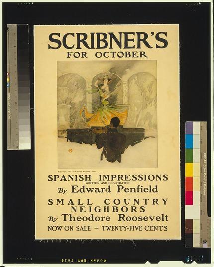 The image depicts an old magazine cover titled "Scribner's for October" with a price of twenty-five cents. The main visual feature is the illustration at the top, which shows a woman in Spanish attire sitting on what appears to be steps or scaffolding, holding up a circular mirror that reflects her own profile. She has dark hair and wears traditional clothing adorned with flowers.
Below this central image are titles for various articles within the magazine issue:
1. "Spanish Impressions" by Edward Penfield
2. "Small Country Neighbors"
3. "By Theodore Roosevelt"

The layout is simple, with text in a straightforward font that contrasts against the pale background of the cover. The colors used mainly include yellow and green tones for the illustration, while the rest of the design relies on black ink.
In addition to this main content area, there's also an object present: a ruler placed beside the magazine cover; it is gray with color swatches attached along its length that display different shades in blocks.