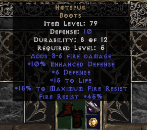 HotSpur, a unique pair of Boots, in a Horadric Cube along with a couple gems, in the game Diablo 2.