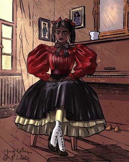 A young Esther sits gracefully in a room, wearing a vibrant red dress with puffed sleeves and a black skirt, complemented by white and black shoes. The background features wooden flooring and a piano, with framed portraits on the walls. Soft light filters from the windows