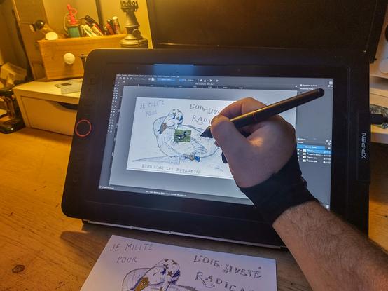 Moi en train de commencer un dessin avec une oie dormeuse mais radicale sur ma tablette graphique. Au pied de la tablette il y a l'original qui est aussi numérisé et qui apparaît sur l'écran.