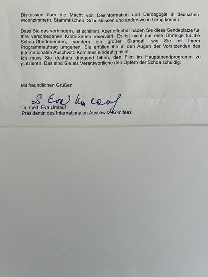Brief der Vorsitzenden des Int. Auschwitz-Komitees an die ARD
