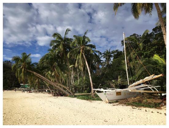 An island beach of fine white sand under a blue sky with clouds. In the middle distance is a sunlit grove of palm trees, some tilting heavily to the left. Sitting among them is a white outrigger boat with furled sails and the words “Puka Beach” and “Sunkissed” hand-painted on its side, along with images of palm trees. Farther down the beach is a little green building and some people strolling and relaxing in the distance.