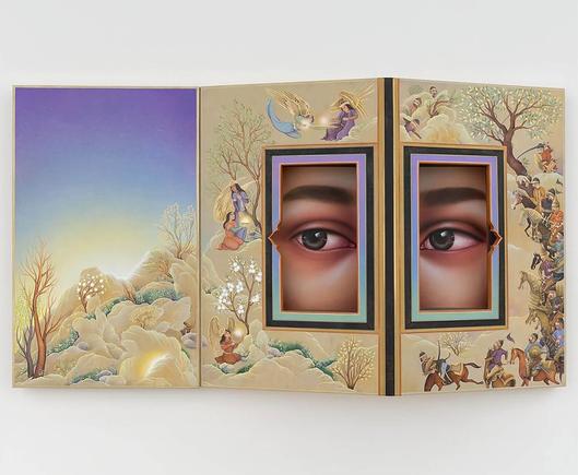 A triptych artwork with a serene landscape featuring framed eyes, soft colors, trees, and various figures engaged in activities.