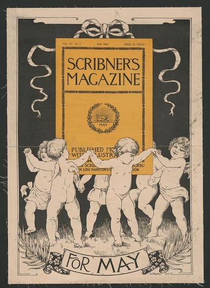 The image is a poster for "Scribner's Magazine" from May 1894. It features four cherubic figures, each holding up one corner of the magazine cover which prominently displays the title in bold serif lettering on an orange background with black outline. The text surrounding the figure includes details such as volume and issue number (VOL. XV. No.5), publication month and year ("MAY 1894"), price, and a decorative bow at the top center of the poster.

The magazine cover also features an illustration within a laurel wreath that depicts two figures from behind holding onto something not fully visible in this context; they are likely part of another larger image. Below them is text stating "Published with many extra illustrations" on low marstonized paper, and additional small decorative elements like flowers at the bottom.

The lower half of the poster contains more ornamental design work including a pair of shoes labeled "For May," suggesting that this was an advertisement for subscribers or potential readers to look forward to its contents. The artist's signature appears in the bottom right corner along with some text, likely indicating their name and possibly other details about themselves.

The overall color palette is quite dark except for the bright orange background on the magazine cover which stands out against a predominantly black backdrop.