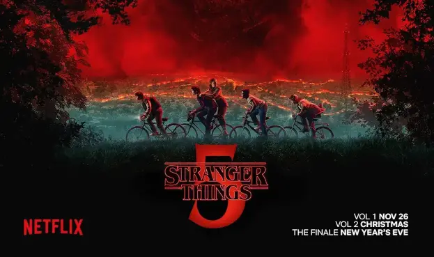 A poster advertising Season 5 of Stranger Things, picturing five of the main characters on bicycles against the red backdrop of the Upside Down.