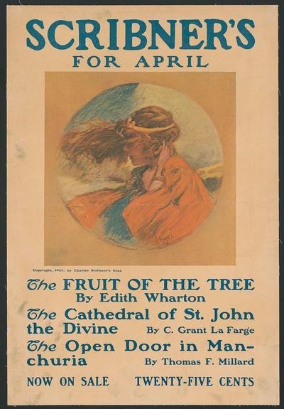 海报以棕褐色为背景，中央是一幅彩色插图。这幅插图描绘了一个年轻女子低头看着下方，表情沉思或可能忧郁。她的头发长而波浪状，部分遮挡了脸庞和肩膀。她穿着一件鲜艳的橙色衣服，领口处露出一点蓝色。海报上用粗体字印有“4月的斯克里普纳氏”，文字颜色为深蓝绿色，并在标题下方列出了四篇文章或作品列表：《树上的水果》（Edith Wharton著），《圣约翰大教堂》，《神明》(C. Grant La Farge著)，以及《人类生命中的门户开放》，由Thomas F. Millard著。文字排版清晰易读，海报底部还标注了版权信息：“1907年4月，由Charles Scribner's Sons出版”。该海报的尺寸为60 x 40 cm，标价25美分。
海报的设计采用了复古风格，并以其艺术表现和广告性质而闻名。它作为1907年《斯克里普纳氏》杂志的一个促销作品。