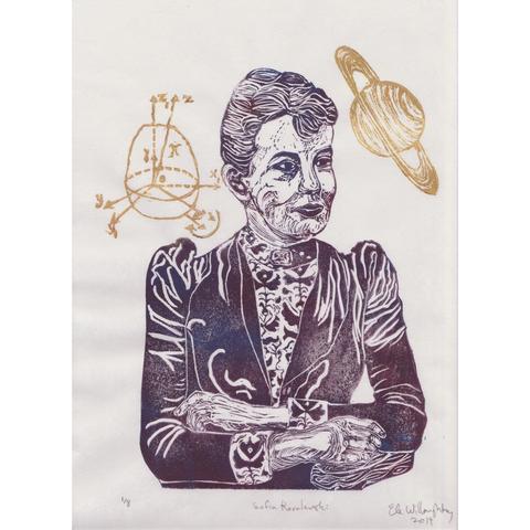 My linocut portrait of Sofia Kovalevski in burgundy surrounded by Saturn and a diagram about the rotation of irregular solids in gold ink. She’s wearing a dress with puffed sleeves over a floral embroidered blouse. Her hair is up, her arms are folded in front of her and she looks thoughtfully to the side.
