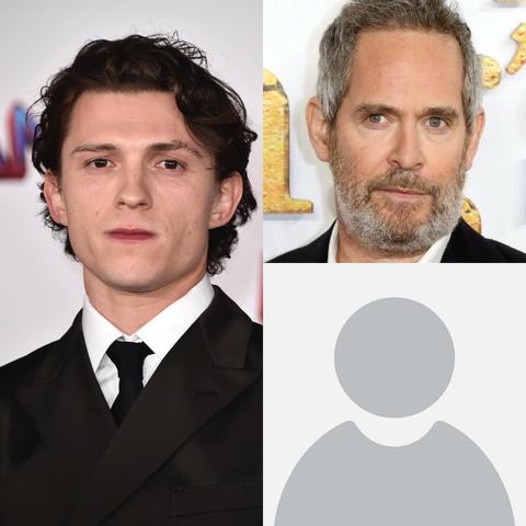 Split image of Tom Holland in sleek black tie mode, Tom Hollander channeling refined charm with silver beard wisdom, and a shadowy third figure—perhaps the ultimate Tom yet to be revealed.