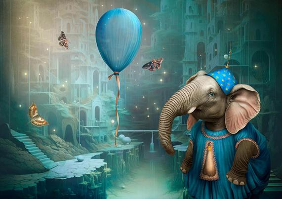 A collage featuring a whimsical elephant in a blue gown and hat looking at a blue balloon, surrounded by butterflies in a mystical, dreamlike landscape.