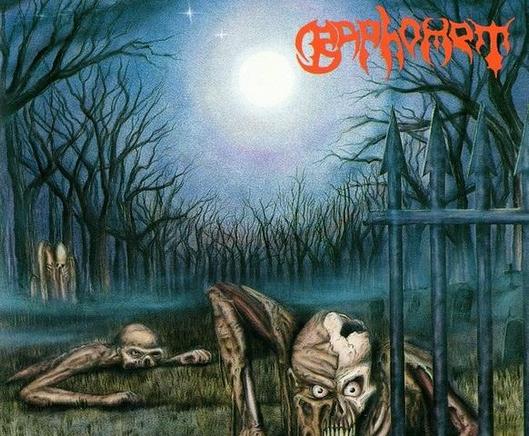The cover art for Baphomet's 1992 LP 'The Dead Shall Inherit' with ghouls crawling out of graves in the graveyard at night - gates and trees all around.