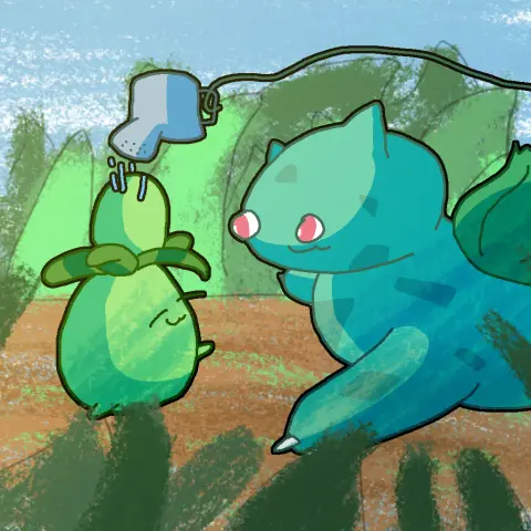 a bulbasaur watering his smoliv friend