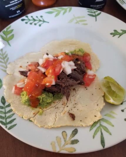 A homemade tortilla topped with guacamole, red meat, diced tomatoes, and onions sits on a white plate with a green foliage motif. To the right of the taco is a squeezed quarter of a lime.
