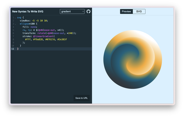 svg {
  viewBox: -5 -5 10 10;
  ellipse*100 {
    fill: none;
    rx, ry: 4 $(@nN(ease-out, *4));
    transform: rotate(-@nN(ease-out, *240));
    stroke: @linearGradient(
      #fff, #f9a828, #07617d, #2e383f
    );
  }
}