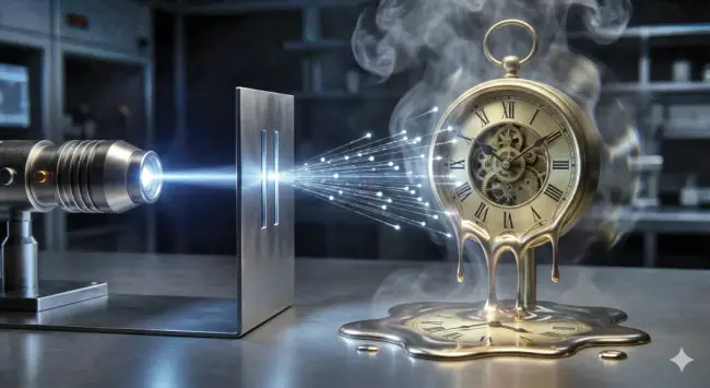 generata AI  torcia laser che spara fotoni nella doppia fenditura e poi questi vanno a colpire un orologio