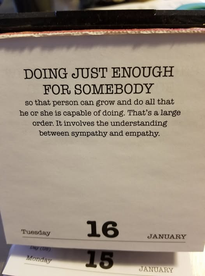 DOING JUST ENOUGH FOR SOMEBODY so that person can grow and do all that
he or she is capable of doing. That's a large order. It involves the understanding
between sympathy and empathy. (Fred Rpgers)

Friday 1 6 JANUARY