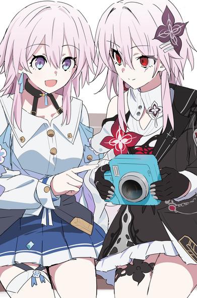 Drawing of March 7th and Evernight standing together, facing the viewer. Evernight holds March's iconic blue camera, listening intently as March explains how to use it.