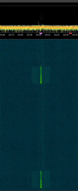 Screenshot of a radio spectrum waterfall showing a bright pulse every second, on frequency 153.025MHz