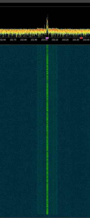Screenshot of a radio spectrum waterfall showing a long signal being received, on frequency 153.025MHz
