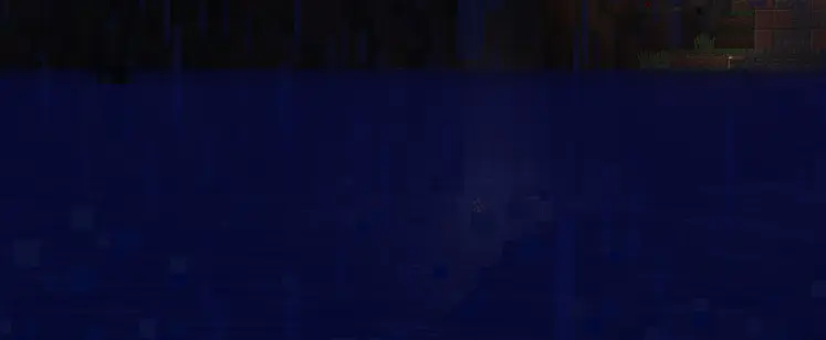 a minecraft screenshot of a lake during rain. there is a column half under water with glowstone at the bottom of the column. in the corner - a torch near a granite base of some other building, above the torch there are two flowers