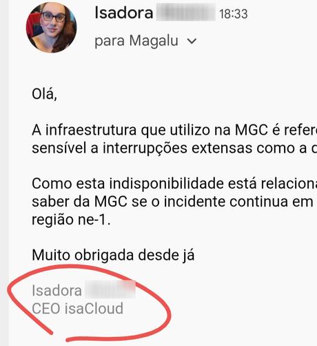 Print parcial de um e-mail onde está assinado como Isadora, CEO isaCloud