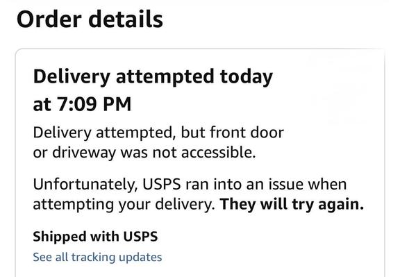 An order delivered advisory at 7:09pm indicates a package could not be delivered due to the front door or driveway not being accessible.
This is proven false by the previous photo