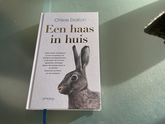 boek op glazen tafel Een Haas in huis. Van Chloe Dalton