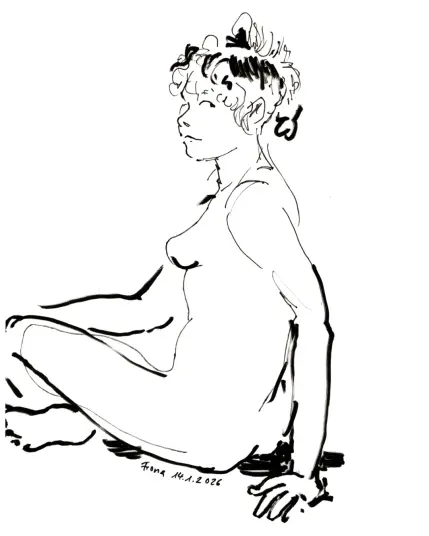Schnelle Skizze mit wenigen Strichen. Das Aktmodell sitzt seitlich abgewand, legt die rechte Hand auf die übereinandergeschlagenen Beine und stützt sich mit der linken Hand ab. Den Kopf hat sie nach links gedreht und schaut aus dem Bild auf die Betrachtenden.