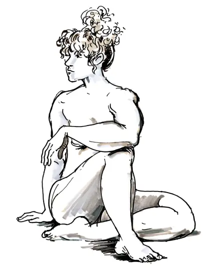 Frontale Ansicht einer Sitzenden mit angewinkeltem linken unter dem aufgestützten rechten Bein. Die Frau schait nach rechts, stützt sich mit dem rechten Am ab und hat den linken Ellbogen auf das rechte Knie gestützt.