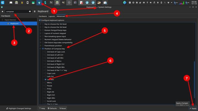 Image that shows the settings manager of KDE in ubuntuStudio 2022.04. The different steps to activate the compose key option and to define a specific key for that purpose is indicated in detail with arrows and numbers. 1 - Settings Manager . 2 - The word "compose" in the search box makes appear the keyboard settings options. 3- The "Keyboard" option is selected. 4 - The "Advanced" tab is selected . 5 - The "Position of compose key" option is open. 6 - In this case the left Win key is selected as compose key. 7 - Selecting the "Apply" tab the changes take effect and the compose key option is available to create specific letters by composing them with the keyboard.