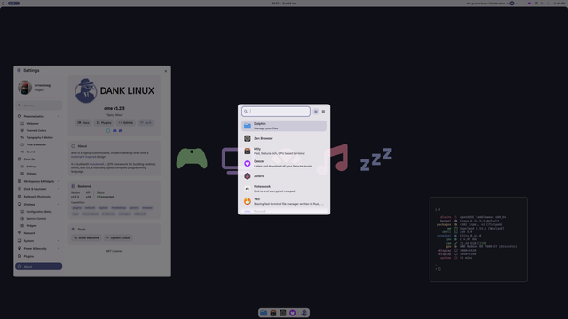 Escritorio Linux con el compositor Hyprland, esquema claro de colores pastel. Ventanas abiertas: un "acerca de" del shell Dank Linux y una terminal con información del sistema. En primer plano, un launcher de aplicaciones.