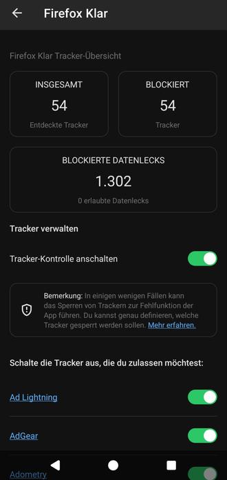 Smartphone Fenster "App-Tracker verwalten > Firefox Klar"

Tracker insgesamt: 54
Blockiert: 54