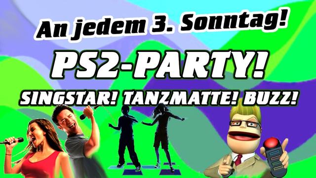 Grafik mit Elementen aus Singstar, Tanzmatten und dem Buzz-Quiz. Dazu der Text:
An jedem 3. Sonntag! PS2 Party!