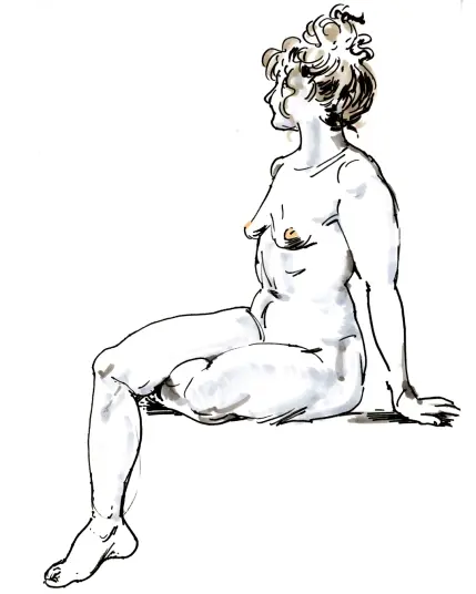 Dreiviertelansicht einer Sitzenden mit abgewendetem Gesicht. Die junge Frau hat ihre Locken hochgesteckt, das rechte Bein ist über das angewinkelte linke Bein geschlagen. Mit dem linken Arm stützt sie sich sachte ab.