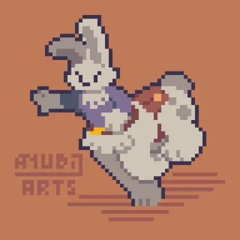 Pixel Art featuring Abuni galloping with a serious expression, with one arm extended to the side.