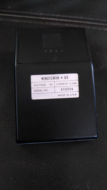 Back of the MINUTEMAN * 6X, an RPN calculator introduced by Commodore in 1974.