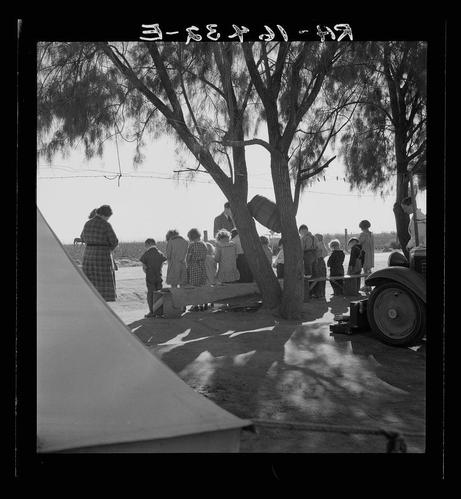 The image is a black and white photograph depicting an outdoor scene with several people gathered around, likely during the early to mid-20th century. The group appears diverse in age and gender. In the foreground, there's part of what seems like a canvas tent or awning on the left side, suggesting temporary living quarters typical for migrant workers at that time. To the right, an old-fashioned car with its wheel exposed is parked near some people who are standing under tree shade; one person leans against a utility pole.

The central figures in this setting appear to be young children and adults conversing or interacting around what seems like farming equipment—possibly related to potato picking given context provided. The ground looks barren, indicative of an agricultural environment. In the background, more individuals can be seen engaged in various activities under trees with branches extending into the photo.

The atmosphere is casual yet communal; some people are seated while others stand or move about within a wide open space that appears dusty and spacious enough to accommodate their gathering comfortably but not lush for farming purposes at this moment. The absence of modern amenities suggests simplicity, possibly reflecting daily life in rural agricultural camps where migrant families lived seasonally with transient communities working on crop cycles.

The phot [...]