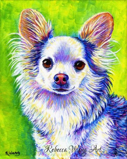 A colorful painting of a long haired chihuahua