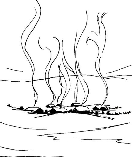 Clipart sketch of a small collection of houses with smoke rising from chimneys.