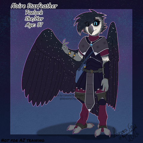 A character portrait of an Owlin Warlock, posed to show off her details, her feathers have a starry pattern on them. Her eyes near black with blue iris' peeking out.