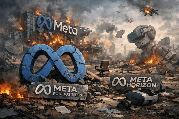 A distopian landscape showing a burning Meta HQ and landscape