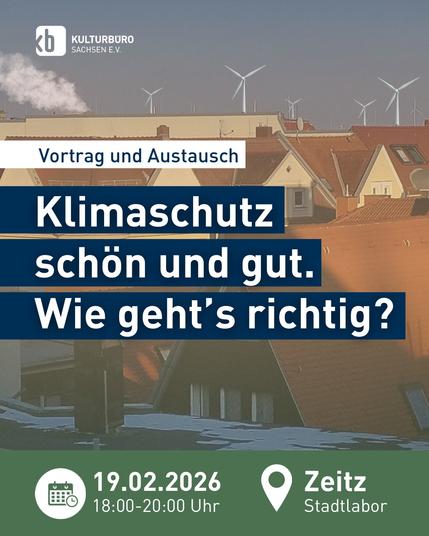Titel: Klimaschutz schön und gut. Wie geht’s richtig? 
Vortrag und Austausch 
19. Februar 26 von 18-20 Uhr im Stadtlabor Zeitz 
Im Hintergrund sieht man Häuserdächer der Stadt Zeitz und Windräder sowie eine Abgaswolke