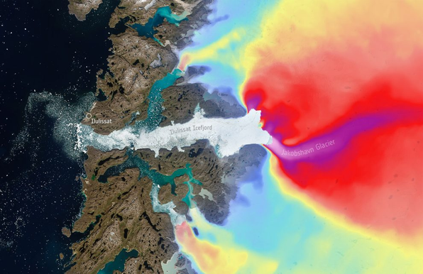 Der Jakobshavn Gletscher ist einer der größten und am schnellsten strömenden Gletscher Grönlands. © ESA/ Wuite, J. et al. 2025 

Dieses Farbenspiel bedeutet nichts Gutes. Denn die roten und violetten Farbtöne zeigen an, wo das Eis des Jakobshavn-Gletschers in Grönland besonders schnell fließt. Mit bis zu 50 Meter am Tag ist dieser Eisstrom der schnellste der Welt – und das ist nichts Positives. Denn je schneller das Eis in Richtung Meer strömt, desto mehr Eis verliert Grönland an dieser Stelle.