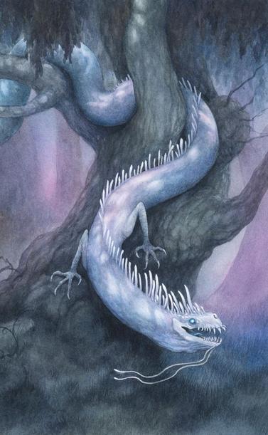 watercolour painting of a pale serpent/lizard sliding out of a large ancient tree in a purply blue light.