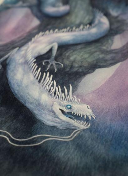 watercolour painting close up of the face of a pale serpent/lizard sliding out of a large ancient tree in a purply blue light.
